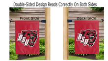 Load image into Gallery viewer, bsu logo reading correctly on both sides of red bridgewater state university double sided garden flag
