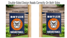 Load image into Gallery viewer, butler basketball logo reading correctly on both sides of blue double sided garden flag
