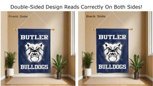 Load image into Gallery viewer, butler bulldogs logo reading correctly on both sides of blue double sided house flag
