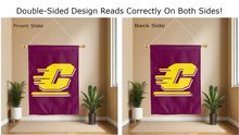 Load image into Gallery viewer, c logo reading correctly on both sides of maroon double sided house flag 
