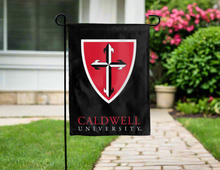 Load image into Gallery viewer, black caldwell university double sided garden flag with shield logo for yard decor
