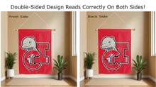 Load image into Gallery viewer, california state university channel islands logo reading correctly on both sides of red double sided house flag
