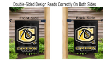 Load image into Gallery viewer, cameron aggies logo reading correctly on both sides of black double sided garden flag
