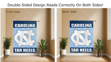 Load image into Gallery viewer, carolina tar heels logo reading correctly on both sides of blue double sided house flag
