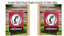 Load image into Gallery viewer, cincinnati baseball logo reading correctly on both sides of red and black double sided garden flag
