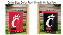 Load image into Gallery viewer, cincinnati paw logo reading correctly on both sides of red and black double sided garden flag
