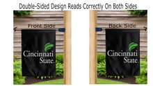 Load image into Gallery viewer, cincinnati state logo reading correctly on both sides of black double sided garden flag
