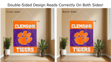 Load image into Gallery viewer, clemson tigers logo reading correctly on both sides of orange double sided house flag with paw logo
