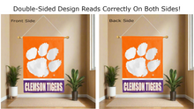 Load image into Gallery viewer, clemson tigers logo reading correctly on both sides of orange and purple double sided house flag
