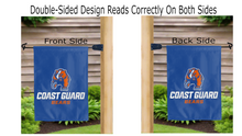 Load image into Gallery viewer, coast guard bears logo reading correctly on both sides of blue double sided garden flag
