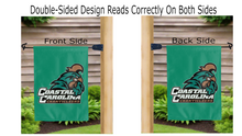 Load image into Gallery viewer, coastal carolina chanticleers logo reading correctly on both sides of teal double sided garden flag
