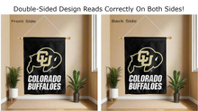 Load image into Gallery viewer, colorado buffaloes logo reading correctly on both sides of black double sided house flag
