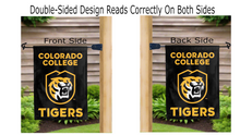 Load image into Gallery viewer, colorado college tigers logo reading correctly on both sides of black double sided garden flag
