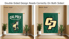Load image into Gallery viewer, cp cal poly mustangs logos reading correctly on both sides of green double sided house flag
