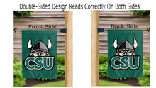 Load image into Gallery viewer, csu logo reading correctly on both sides of green double sided garden flag
