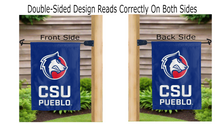 Load image into Gallery viewer, csu pueblo logo reading correctly on both sides of blue garden flag
