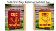 Load image into Gallery viewer, cuc cougars logo reading correctly on both sides of red and gold double sided garden flag
