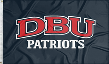 Load image into Gallery viewer, dallas baptist university flag with dbu patriots logo for college dorm decor
