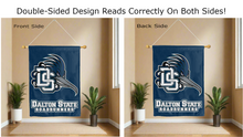 Load image into Gallery viewer, dalton state roadrunners logo reading correctly on both sides of blue double sided house flag
