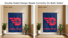 Load image into Gallery viewer, dayton flyers logo reading correctly on both sides of blue double sided house flag
