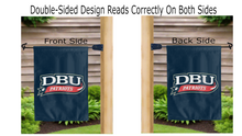 Load image into Gallery viewer, dbu patriots logo reading correctly on both sides of blue dallas baptist university double sided garden flag
