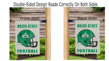Load image into Gallery viewer, delta state football logo reading correctly on both sides of grey double sided garden flag
