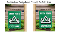 Load image into Gallery viewer, delta statesmen logo reading correctly on both sides of green double sided garden flag
