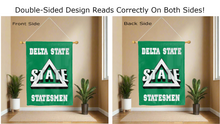 Load image into Gallery viewer, delta statesmen logo reading correctly on both sides of green double sided house flag
