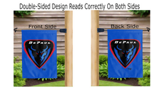 Load image into Gallery viewer, depaul university logo reading correctly on both sides of blue double sided garden flag
