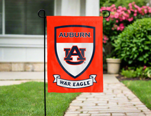 Load image into Gallery viewer, double sided garden flag with Auburn shield and war eagle logo for yard decor
