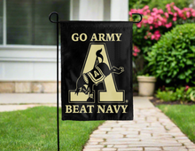 Load image into Gallery viewer, double sided garden flag with go army beat navy logo for yard decor
