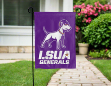 Load image into Gallery viewer, double sided garden flag with lsua mascot logo hung for yard decor
