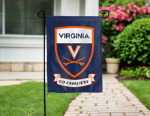 Load image into Gallery viewer, blue garden flag with virginia shield and go cavaliers logo for yard decor
