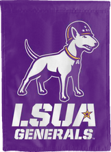 Load image into Gallery viewer, purple house flag with lsua mascot logo hung for man cave decor
