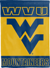 Load image into Gallery viewer, double sided house flag with wvu mountaineers logo for college dorm decor
