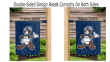 Load image into Gallery viewer, drew university mascot logo reading correctly on both sides of blue double sided garden flag
