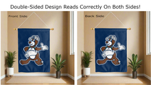 Load image into Gallery viewer, drew university mascot logo reading correctly on both sides of blue double sided house flag
