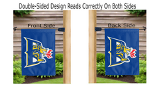 Load image into Gallery viewer, drexel university logo reading correctly on both sides of blue double sided garden flag
