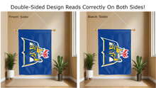 Load image into Gallery viewer, drexel university logo reading correctly on both sides of blue double sided house flag
