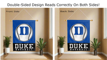 Load image into Gallery viewer, duke baseball logo reading correctly on both sides of blue and black double sided house flag
