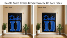 Load image into Gallery viewer, duke d logo reading correctly on both sides of black double sided house flag

