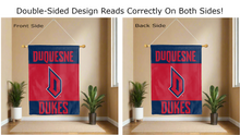 Load image into Gallery viewer, duquesne dukes logo reading correctly on both sides of double sided house flag
