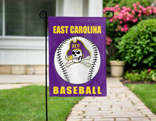 Load image into Gallery viewer, purple east carolina baseball garden flag hung outside for yard decor
