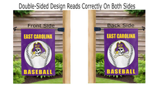 Load image into Gallery viewer, east carolina baseball logo reading correctly on both sides of purple garden flag
