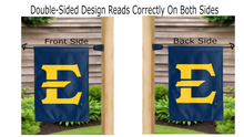 Load image into Gallery viewer, east tennessee state e logo reading correctly on both sides of blue double sided garden flag
