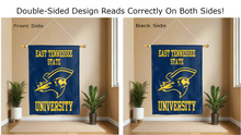 Load image into Gallery viewer, east tennessee state university logo reading correctly on both sides of blue double sided house flag
