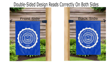 Load image into Gallery viewer, elizabeth city state university seal logo reading correctly on both sides of blue double sided garden flag
