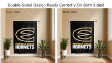 Load image into Gallery viewer, emporia state hornets logo reading correctly on both sides of black double sided house flag
