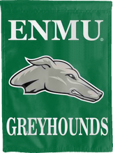 Load image into Gallery viewer, green enmu greyhounds double sided house flag for game day decor
