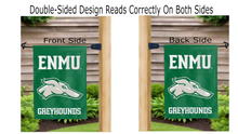 Load image into Gallery viewer, enmu greyhounds logo reading correctly on both sides of green eastern new mexico university double sided garden flag
